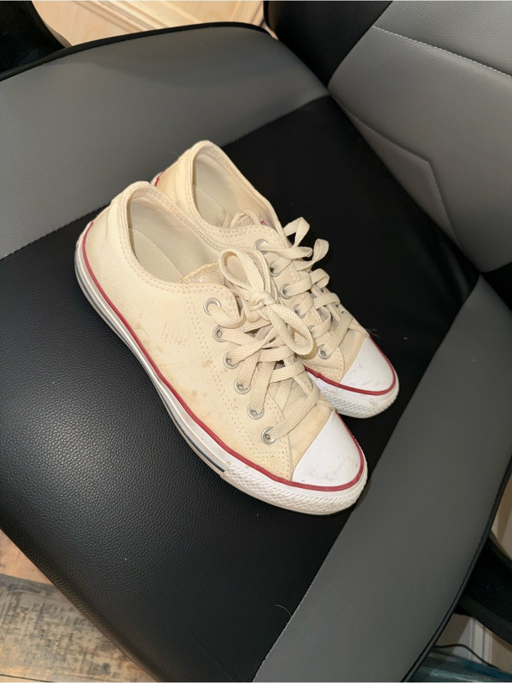Beige Canvas Low-Top Sneakers with Red Trim
